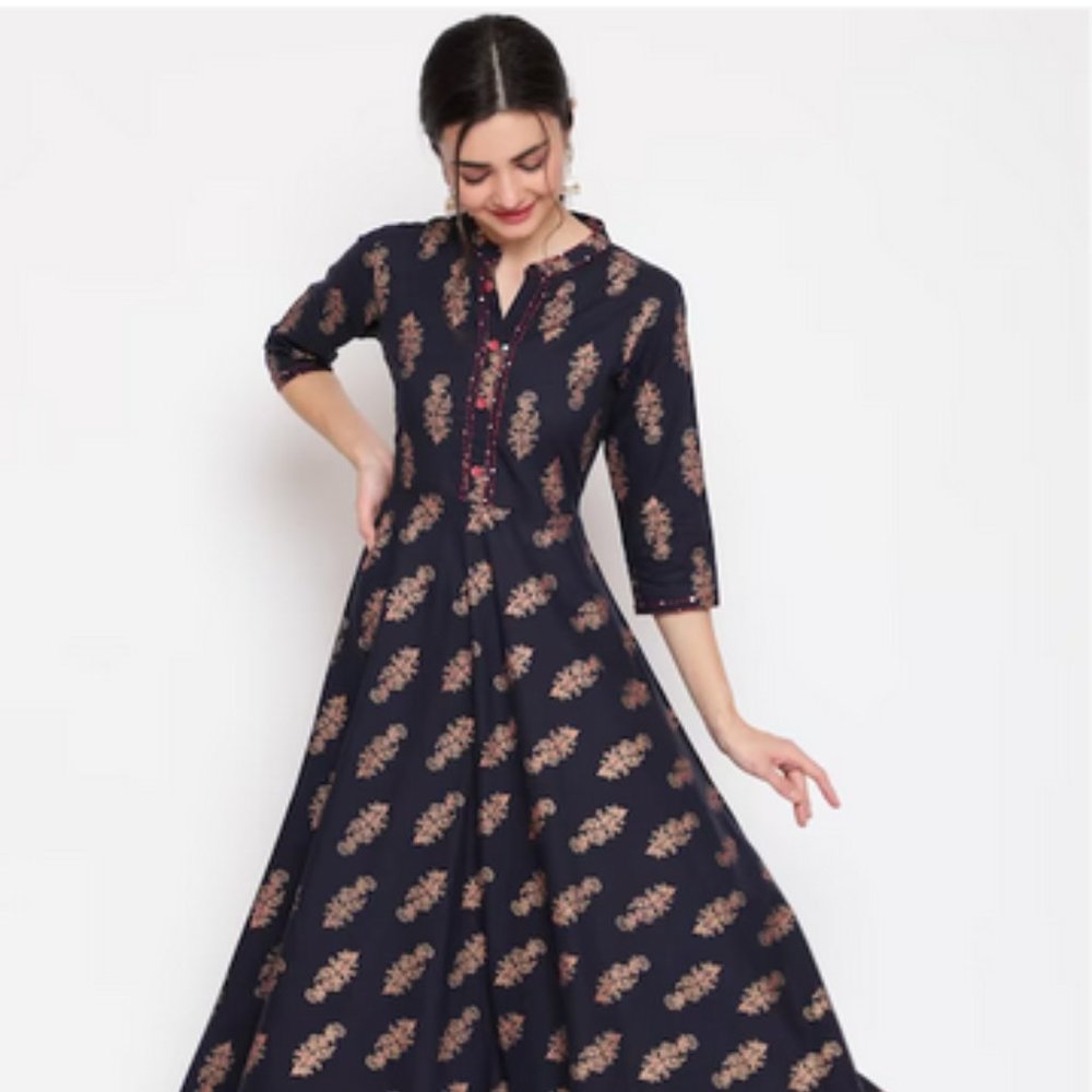 Mandarin Collar Printed Cotton Maxi Ethnic Dress